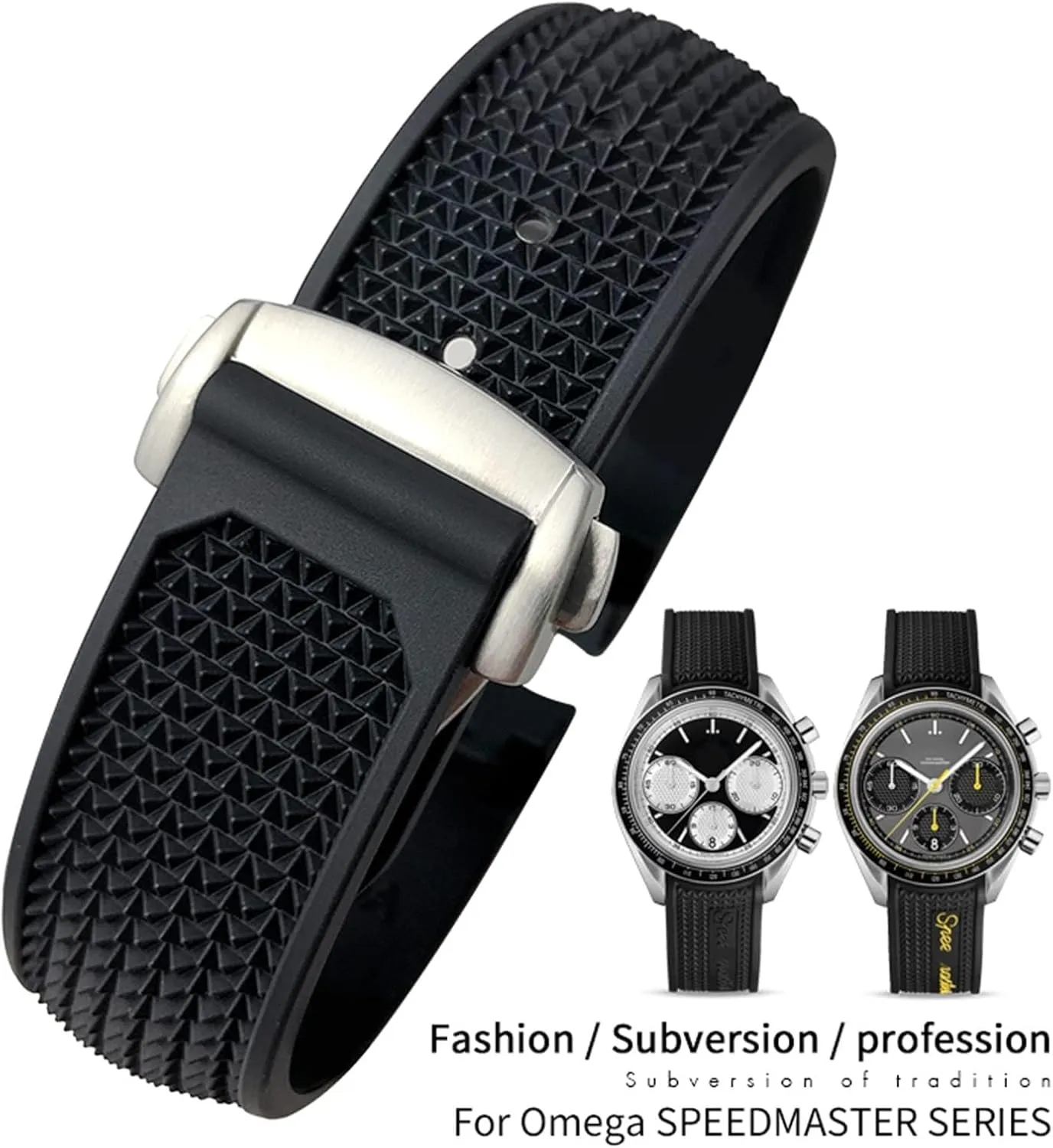 Rubber Silicone Curved Lug Watch band Strap 21mm Compatible with Omega Speedmaster Watch Replacement - for Omega Watch Bands