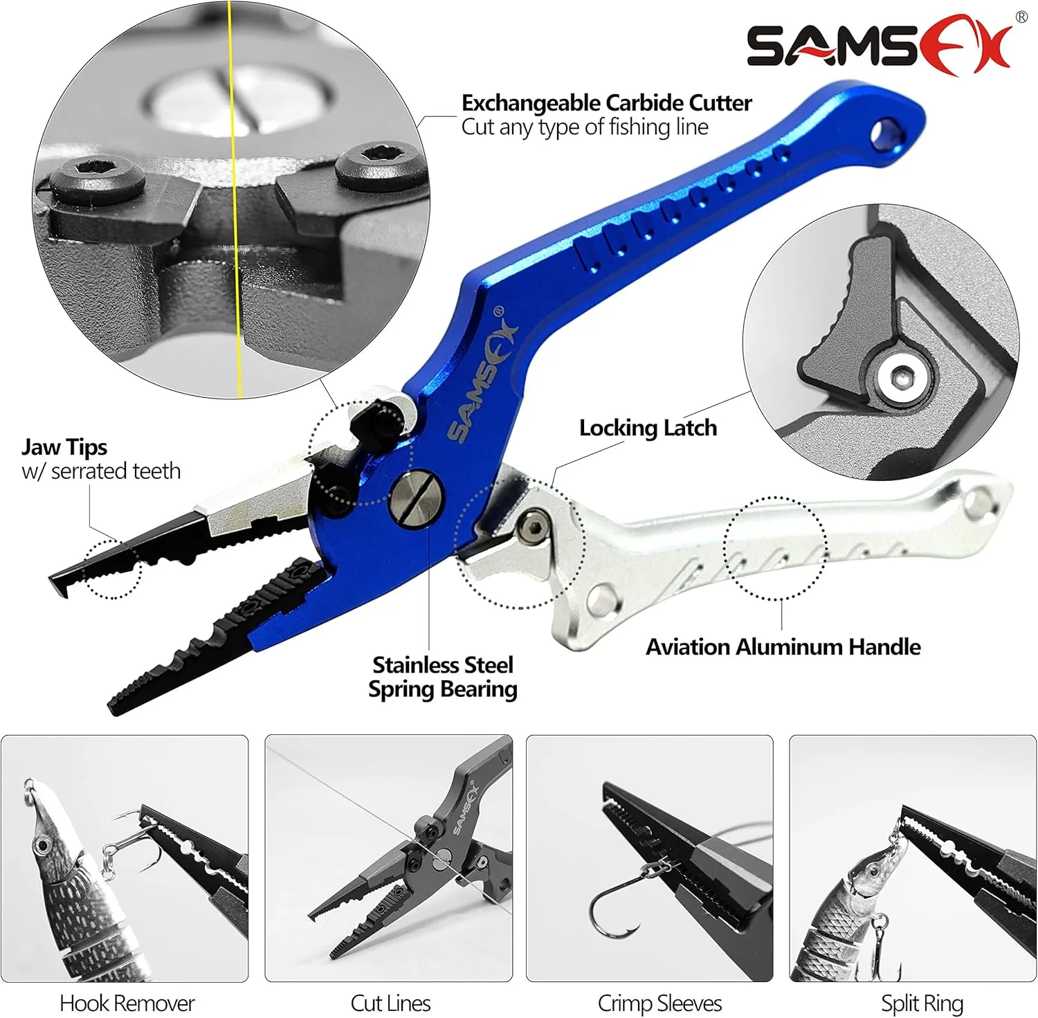 SAMSFX Aluminum Fishing Pliers Hook Remover Braid Line Cutter with Coiled Lanyard, Fly Fishing Knot Tying Tool & Retractors