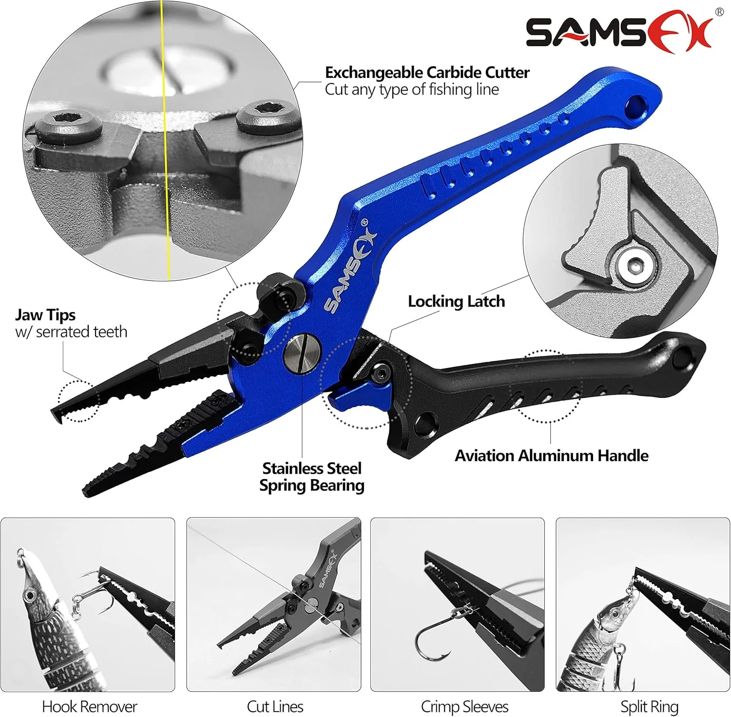 SAMSFX Aluminum Fishing Pliers Hook Remover Braid Line Cutter with Coiled Lanyard, Fly Fishing Knot Tying Tool & Retractors