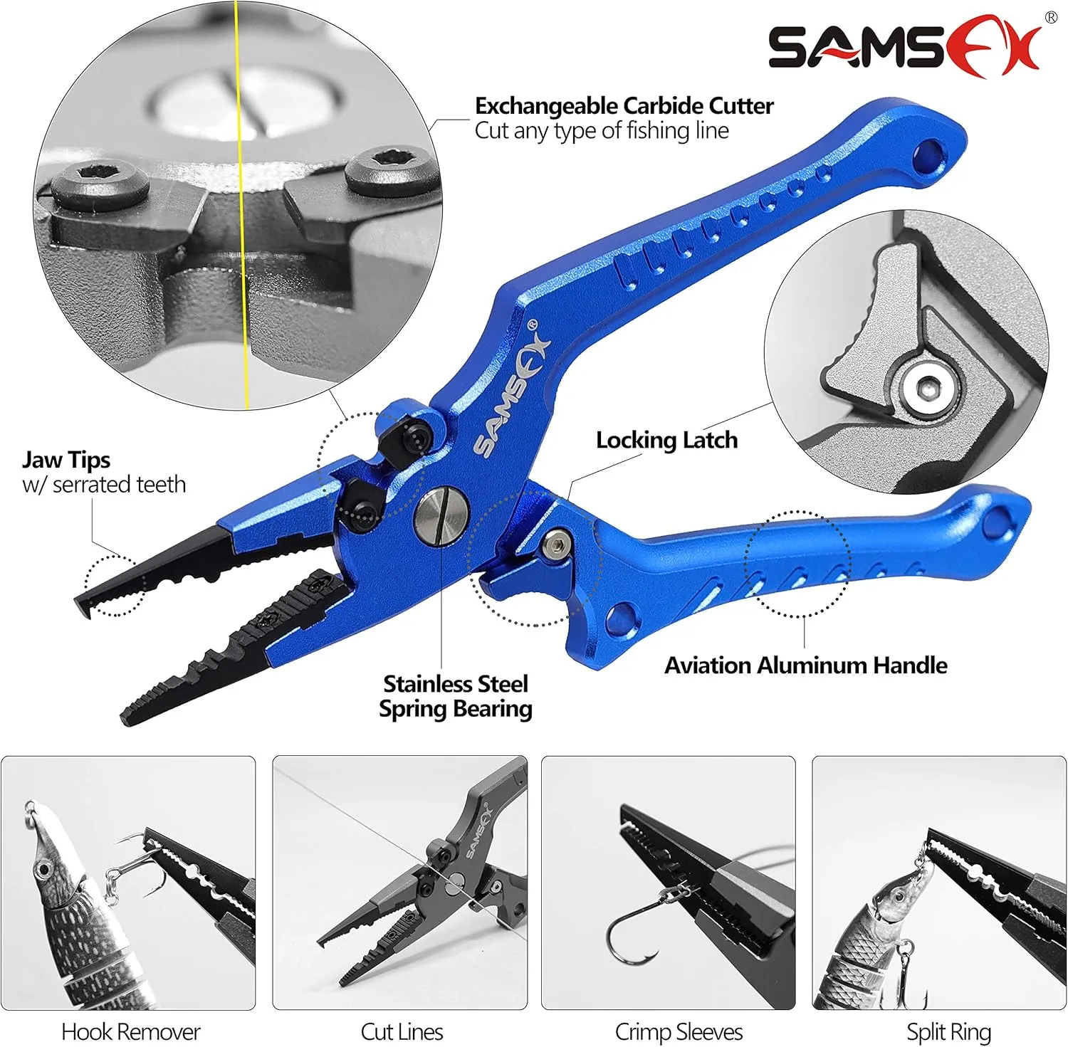 SAMSFX Aluminum Fishing Pliers Hook Remover Braid Line Cutter with Coiled Lanyard, Fly Fishing Knot Tying Tool & Retractors