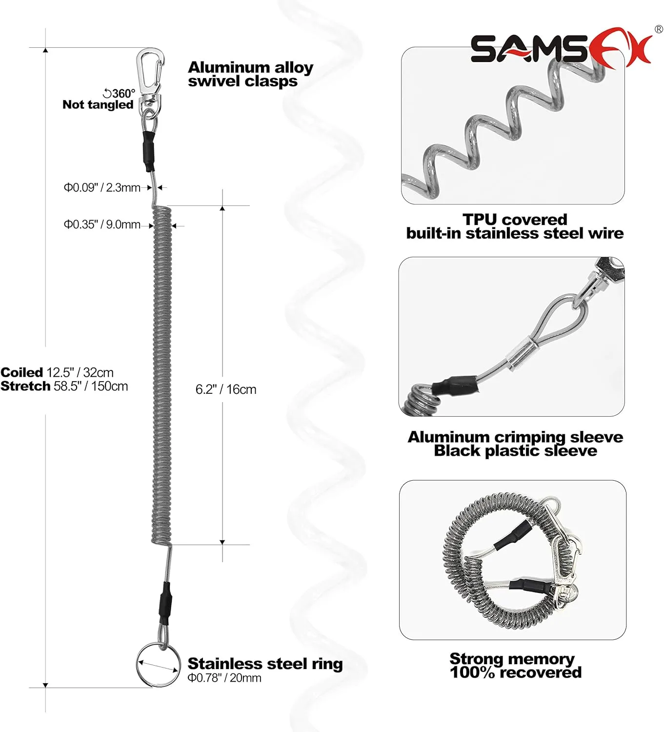 SAMSFX Aluminum Fishing Pliers Hook Remover Braid Line Cutter with Coiled Lanyard, Fly Fishing Knot Tying Tool & Retractors