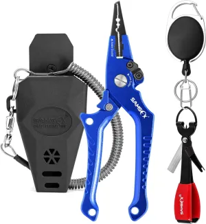 SAMSFX Aluminum Fishing Pliers Hook Remover Braid Line Cutter with Coiled Lanyard, Fly Fishing Knot Tying Tool & Retractors