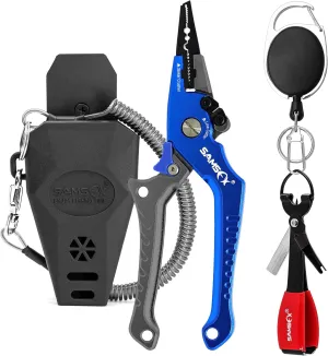 SAMSFX Aluminum Fishing Pliers Hook Remover Braid Line Cutter with Coiled Lanyard, Fly Fishing Knot Tying Tool & Retractors