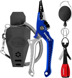 SAMSFX Aluminum Fishing Pliers Hook Remover Braid Line Cutter with Coiled Lanyard, Fly Fishing Knot Tying Tool & Retractors