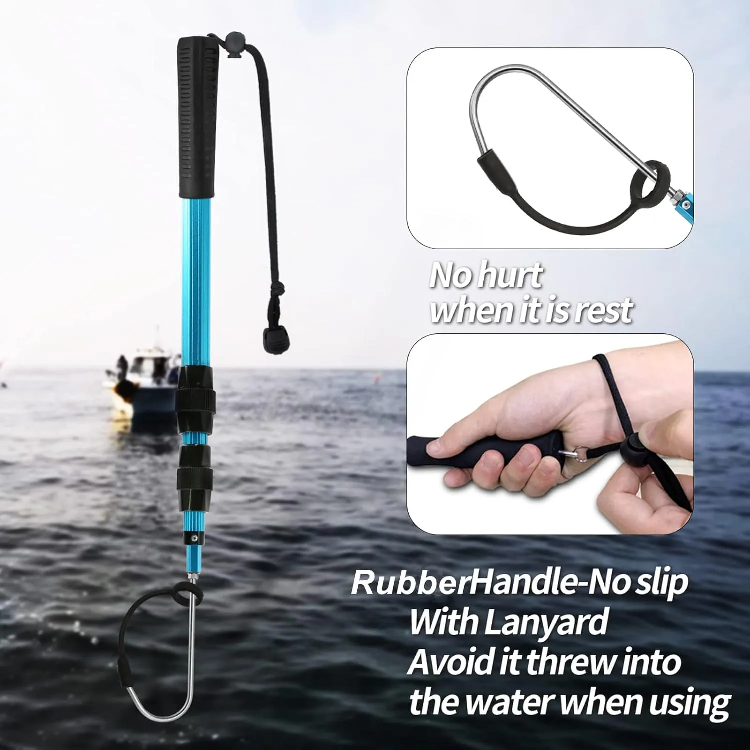 SAN LIKE Telescopic Fishing Gaff Aluminum/Fiberglass Pole with Nonslip Rubber Handle Stainless Steel Hook with M8 Screw