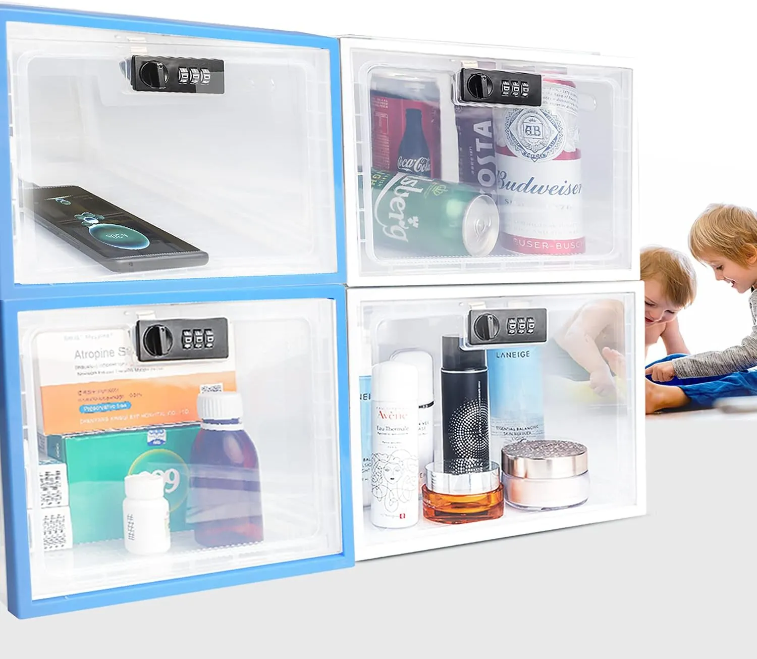 SANIDIKA 2 Pack Large Refrigerator Lockable Box - Childproof First Aid Locking Box Pill Case Medical Organizer - Ipad Tablet Phone Jail