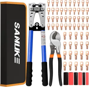 Sanuke Battery Cable Lug Crimping Tool Kit with Cable Cutter 60pcs Ring Terminals 60pcs Heat Shrink Tubing and A Bag, Wire Crimper for AWG 10-1/0 Electrical Lug