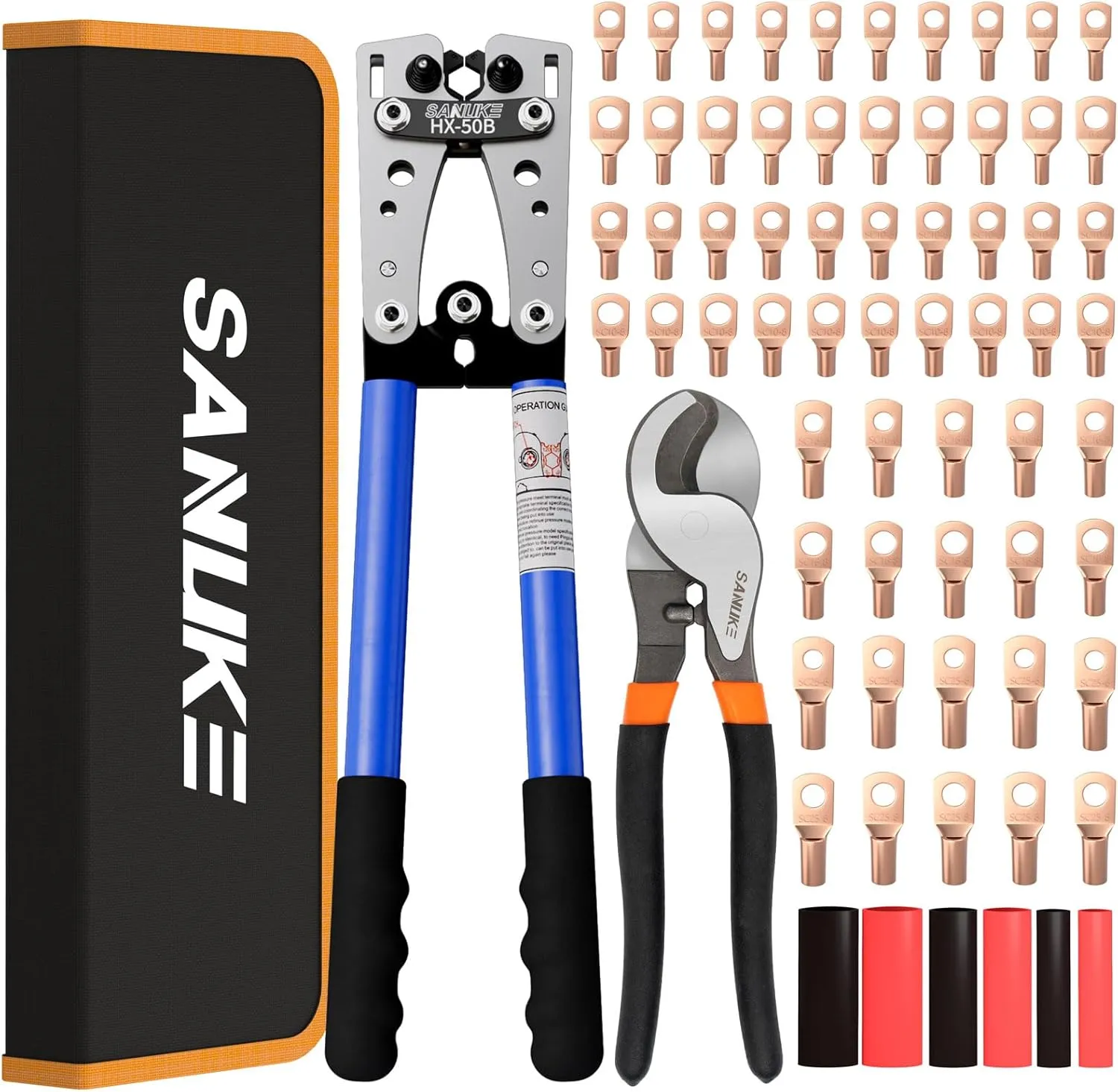 Sanuke Battery Cable Lug Crimping Tool Kit with Cable Cutter 60pcs Ring Terminals 60pcs Heat Shrink Tubing and A Bag, Wire Crimper for AWG 10-1/0 Electrical Lug