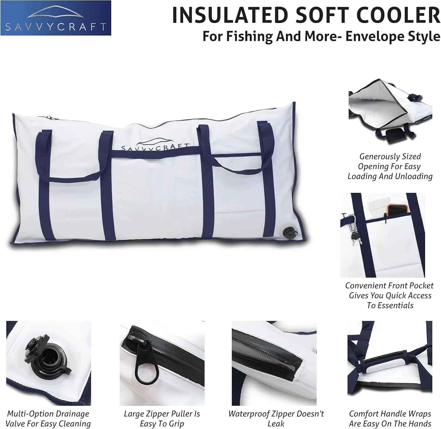 Savvycraft Soft Insulated Fishing Bag, Waterproof Leakproof Fish Storage Insulated Bag with Easy Grip Handles, White 40" L x 20" H