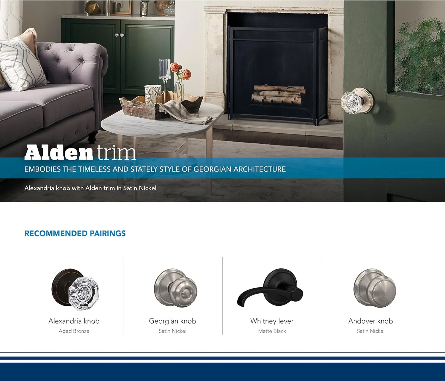 Schlage Custom FC21 ALX 716 ALD Alexandria Glass Knob with Alden Trim Hall-Closet and Bed-Bath Lock, Aged Bronze