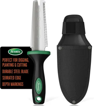 Scotts Steel Garden Knife with Sheath – Multi-Purpose Gardening Tool with Serrated Blade, Depth Markings, Non-Slip Handle, and Belt Attachment for Digging, Weeding, and Planting