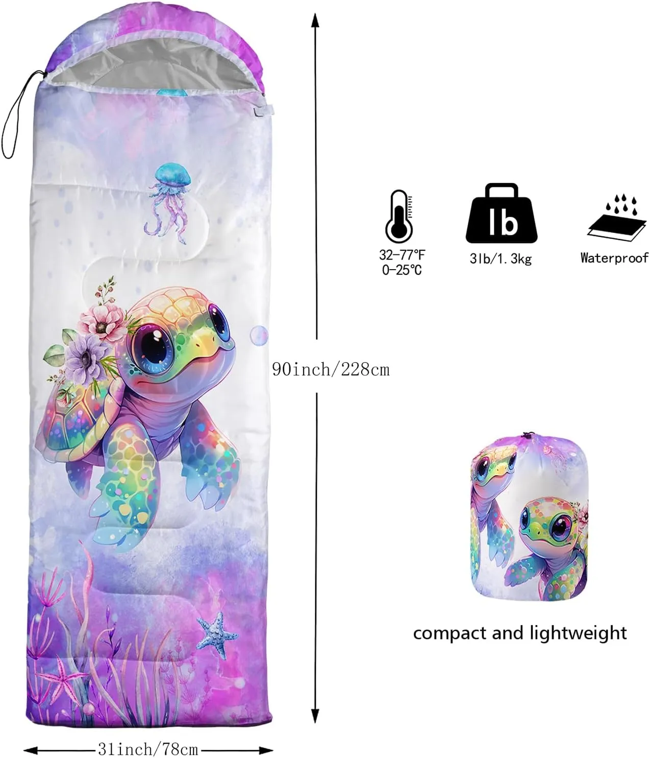 Sea Turtle Sleeping Bag for Kids Boys Girls,Ocean Themed Camping Gear,Waterproof Compact Sleeping Bag for Camping Backpacking Outdoor Hiking.