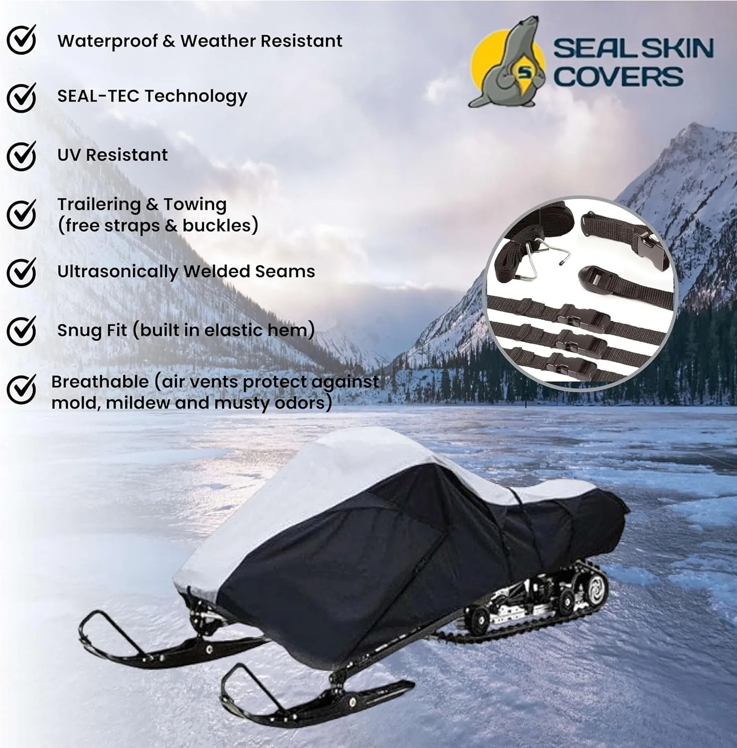 Seal Skin Covers Heavy-Duty Snowmobile Cover, Duarble Fabric, Waterproof & UV-Resistant, Trailerable Design with Secure Straps & Breathable Vents - Fits Polaris, Ski-Doo, Yamaha, Up to 115" Long