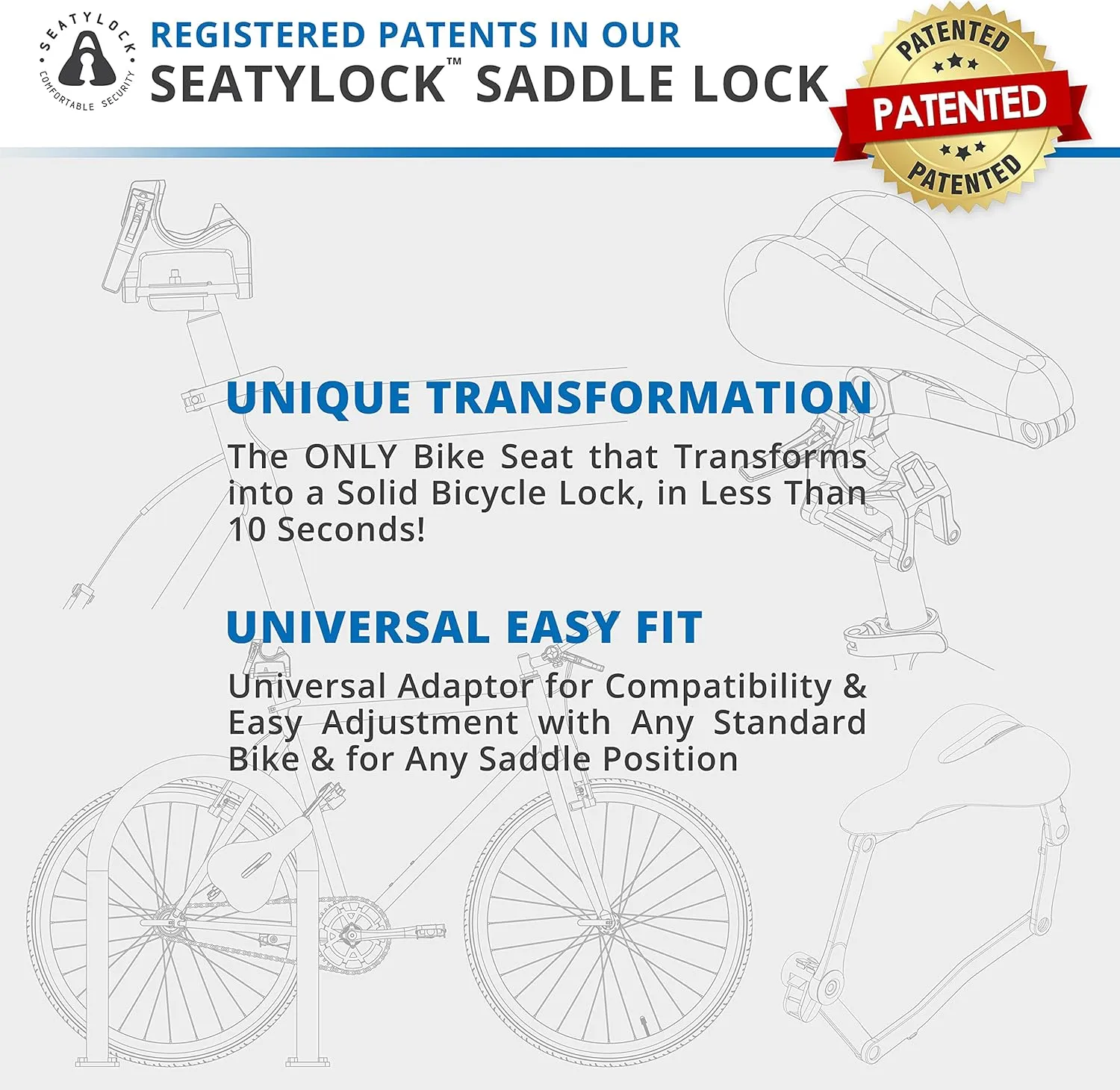 SeatyLock Hybrid Saddle Bike Lock - Multi Patent 2 in 1 Locking Bike Doubles As Seat or Bicycle Guard - Innovative Lightweight Anti Theft Bicycle Lock and Saddle with Keys
