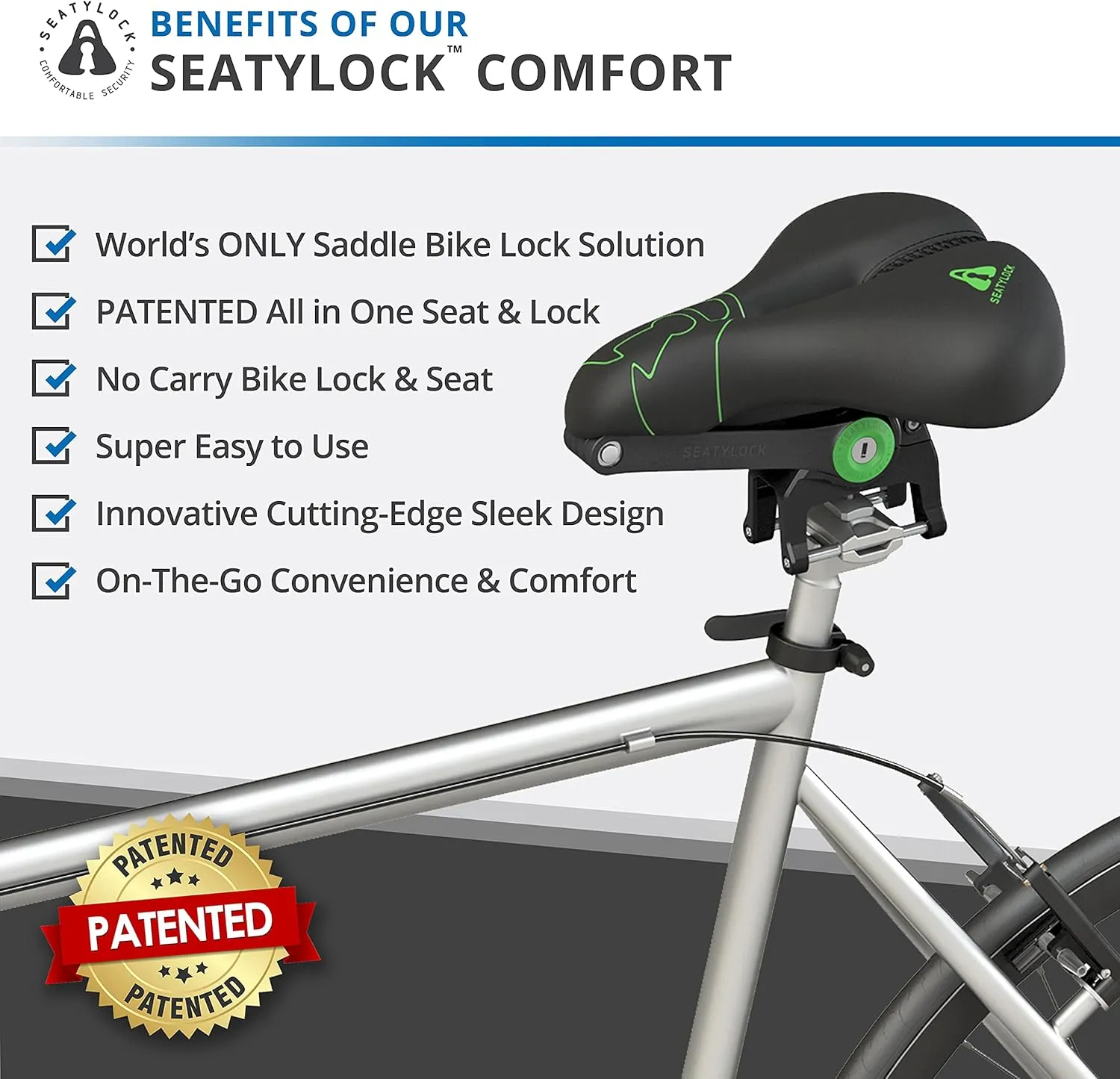 SeatyLock Hybrid Saddle Bike Lock - Multi Patent 2 in 1 Locking Bike Doubles As Seat or Bicycle Guard - Innovative Lightweight Anti Theft Bicycle Lock and Saddle with Keys