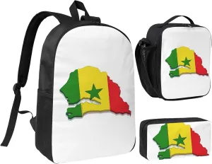 Senegal Flag Map print 3 Piece Backpack Bags with Lunch Box Pencil Case Set for Travel Work Camping Unisex