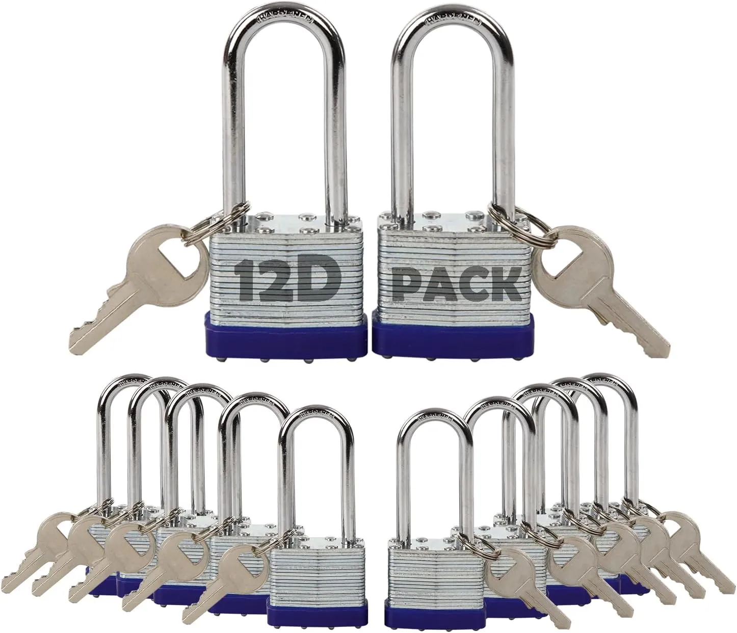 SEPOX 12Pcs Set Laminated-Padlocks with Key Different, Extra Long-Shackle, 1-9/16" 40MM Heavy-Duty Steel Lock Body Each Lock with 2 Big Key for Outdoor & Indoor Lockers, Fence, Gate, Tool-Box
