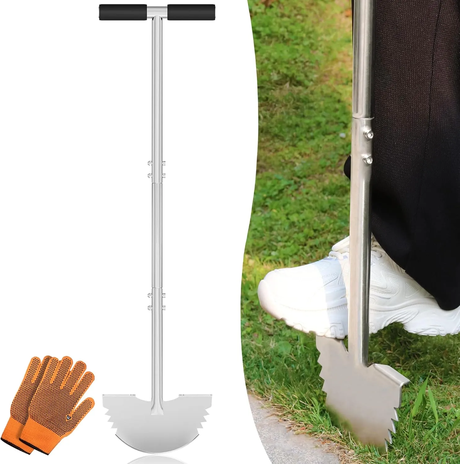 Serrated Edger Lawn Tool - Half Moon Shovel with Softer T-Handle, Lawn Edger for Yard, Garden, Landscaping, Sidewalk, Cable Burial - Ergonomic Design, Rust-Proof, 38 in
