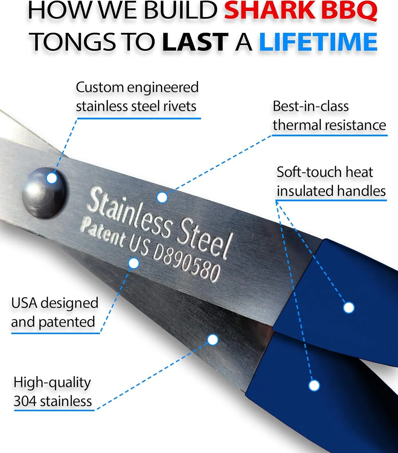 Shark BBQ Grill Tongs - 17 inch Blue. Professional kitchen and outdoor grilling utensil. Long reach Barbeque Grilling Tongs. Ideal for steak, fish, burger, and sausage