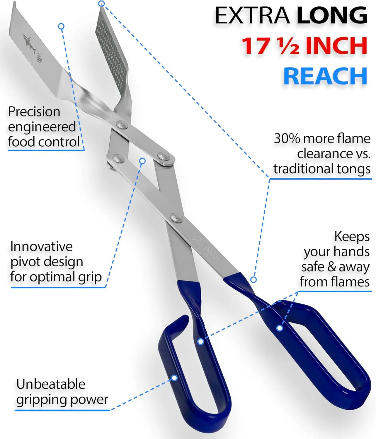 Shark BBQ Grill Tongs - 17 inch Blue. Professional kitchen and outdoor grilling utensil. Long reach Barbeque Grilling Tongs. Ideal for steak, fish, burger, and sausage