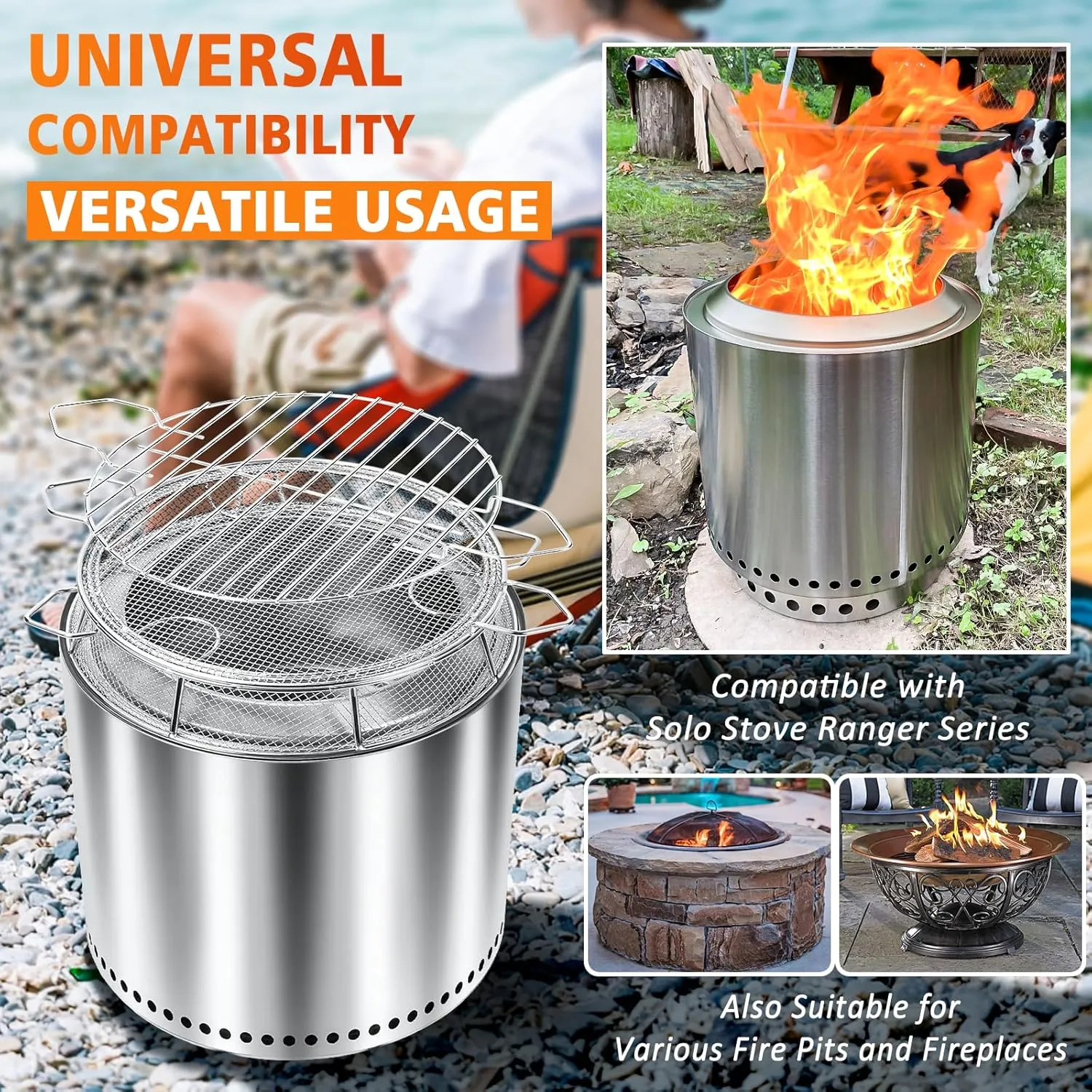 Shield for Solo Stove Ranger 15 Inch, 304 Stainless Steel Fire Pit Spark Protector Screen & Grill Cooking Grate & Fire Pit Stand for Fireplace with Two Guild Sticks