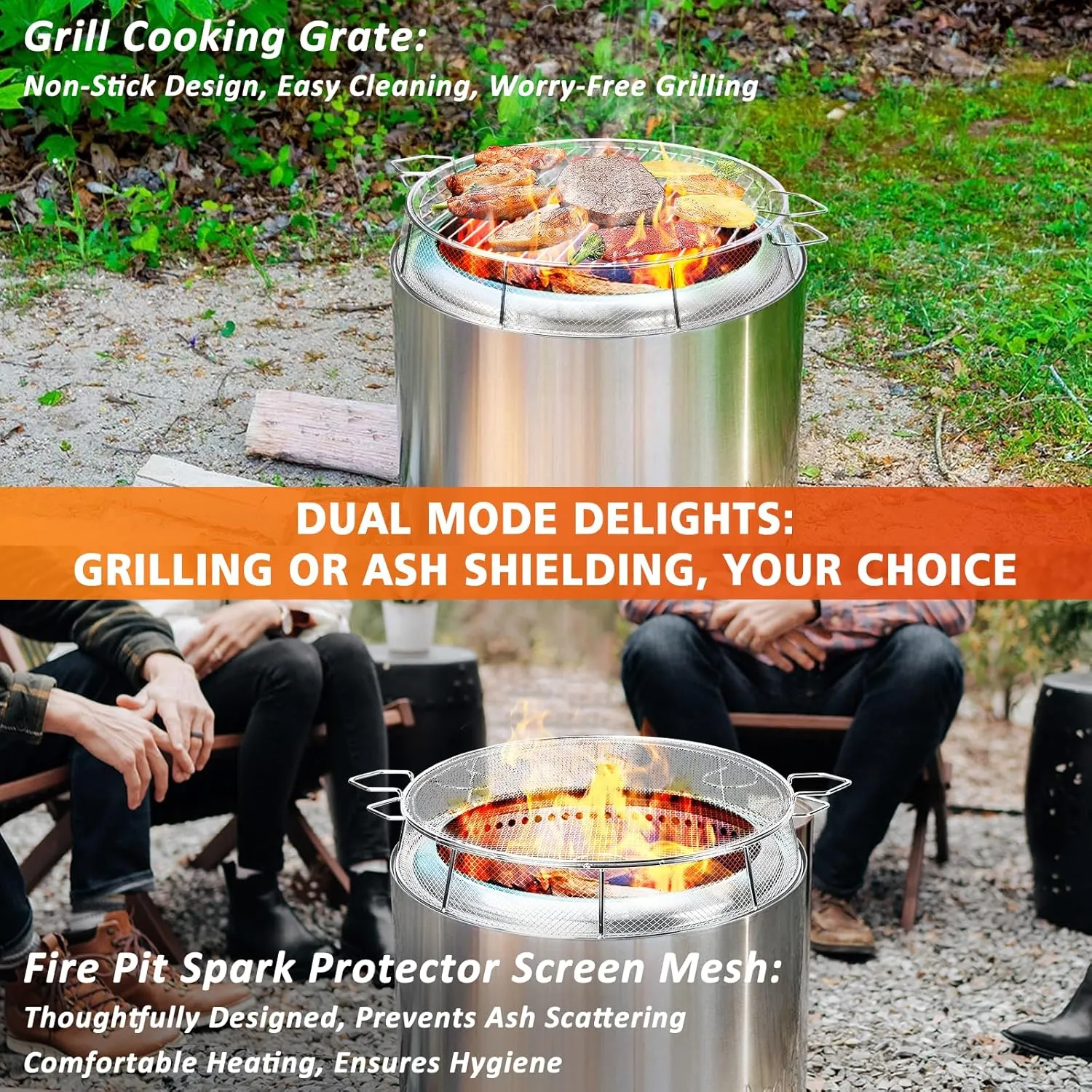 Shield for Solo Stove Ranger 15 Inch, 304 Stainless Steel Fire Pit Spark Protector Screen & Grill Cooking Grate & Fire Pit Stand for Fireplace with Two Guild Sticks