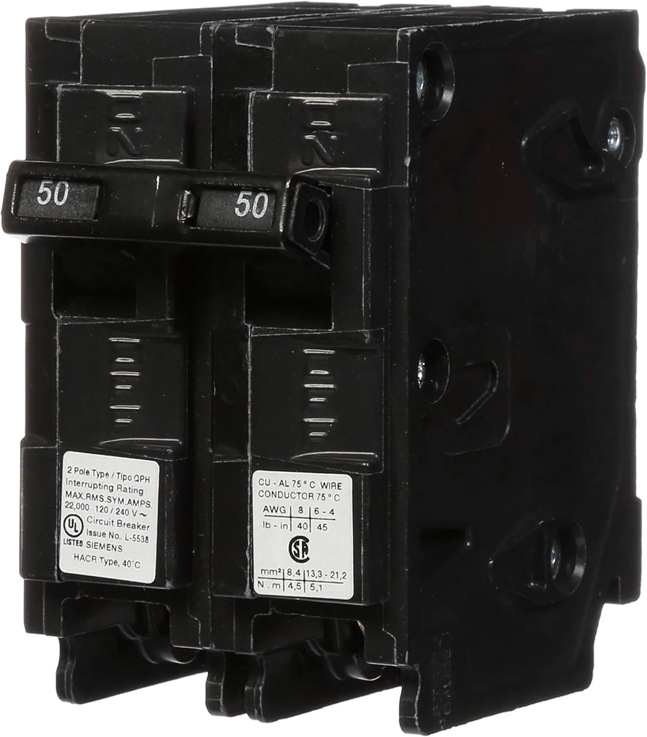 SIEMENS Q250H 50-Amp Double Pole 22kA Type QPH Circuit Breaker, 240 Volts