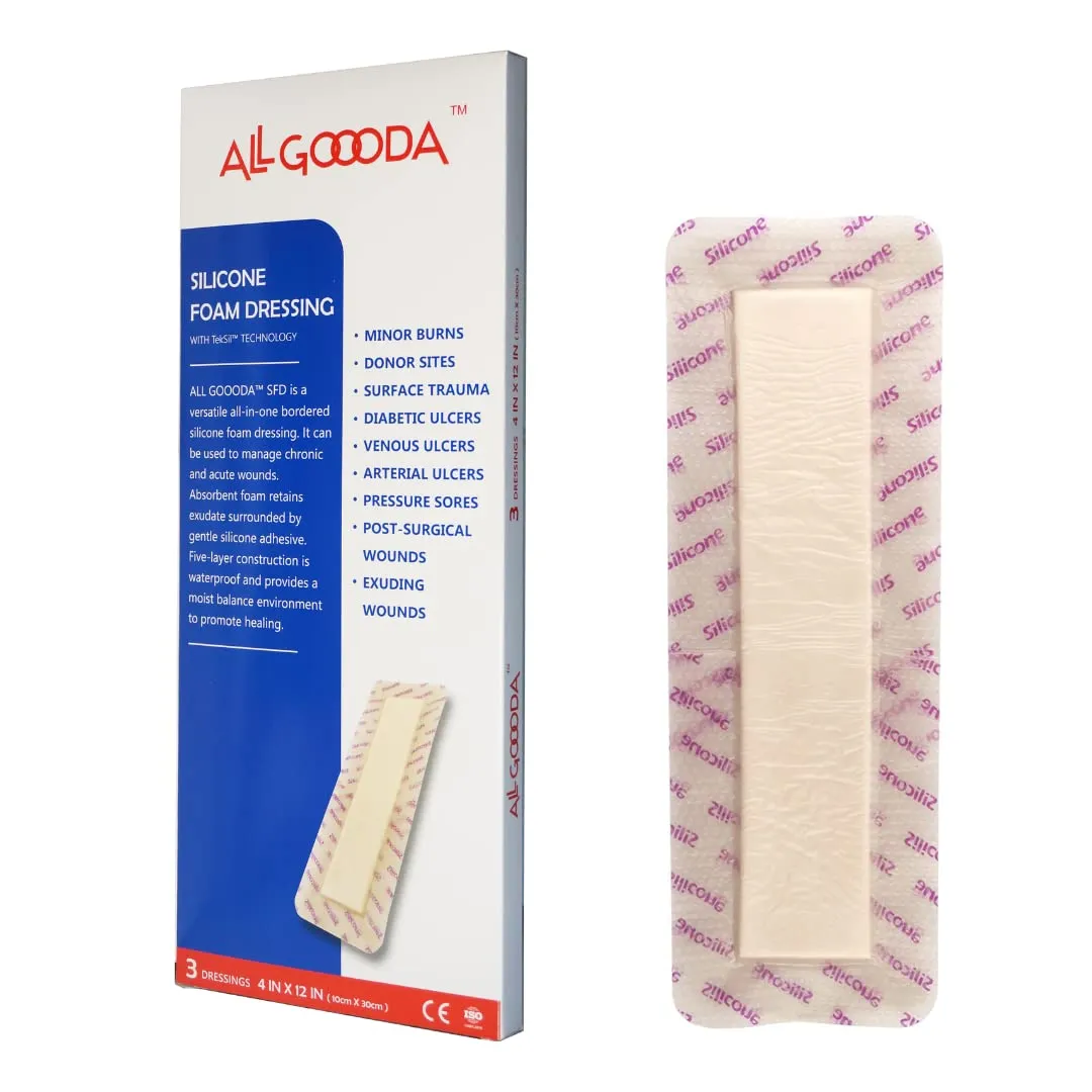 Silicone Foam Dressing 4”x12”[3 Pack] Post-Op Gentle Adhesive Border for Surgical Wound Care, Incision, Sacrum, Pressure Sore, Diabetic Ulcer, Extra Long Large Wound Bandage