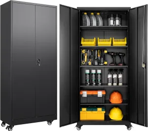 SISESOL Metal Storage Cabinet with Wheels,75 inch Rolling Garage Storage Cabinet with Lock,Black Metal Cabinets with Wheels and Shelves,Tall Tool Locker Closet on Roller for Garage,Home,Office,Shop
