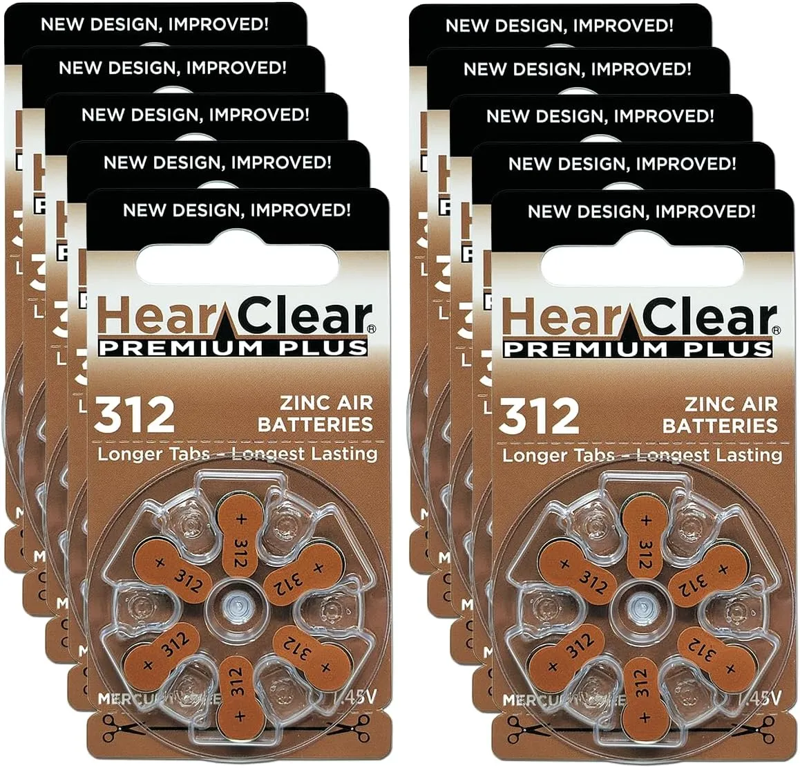Size 312 PR41 1.45V Zinc Air Hearing Aid Batteries Brown Tab (60 Pack) [Child-Resistant Packaging]