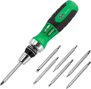 SK 12-in-1 Ratcheting Screwdriver, 216-P, Multi-bit Driver with Quick-Load Mechanism, S2 Steel, with Phillips, Slotted, Star, Square Bits Stored in Handle