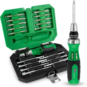 SK 22-in-1 Ratcheting Screwdriver with Nut Drivers, 216-P Multi-bit Screwdriver, Phillips, Slotted, Star, Square Bits Stored in Handle, Organized in Storage Toolbox