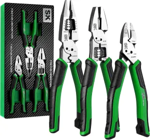SK 3-Piece Pliers Set, 8-Inch Multi-use Noodle Nose Pliers, 7-Inch Multi-use Diagonal Pliers and 8-Inch Multi-use Linesman Pliers, CR-V Construction, Anti-slip Handle, with EVA Foam Tool Organizer