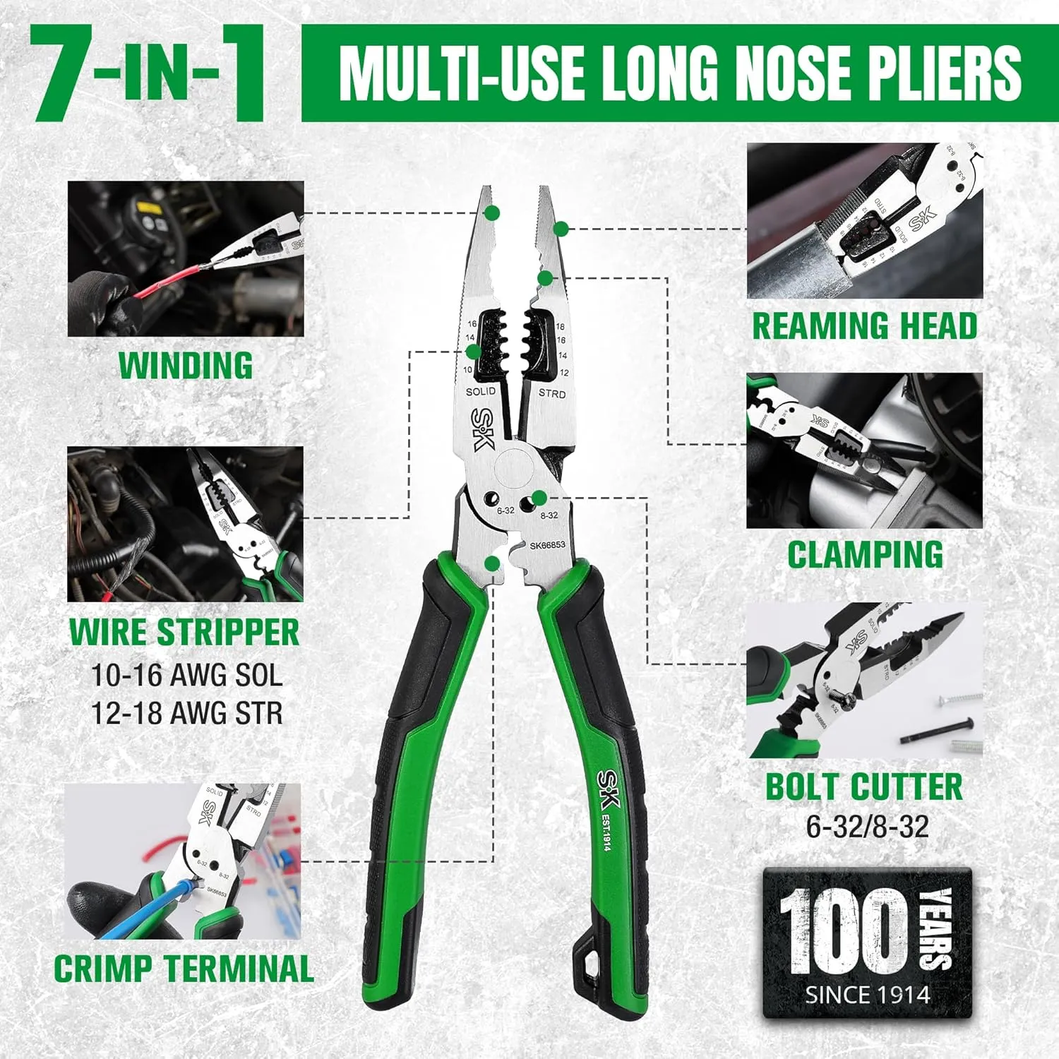 SK 8-Inch Multi-use Long Nose Pliers, Needle Nose Pliers, 7 IN 1, Premium CR-V Steel Construction, Ergonomic Anti-slip Handle for Comfortable Grip