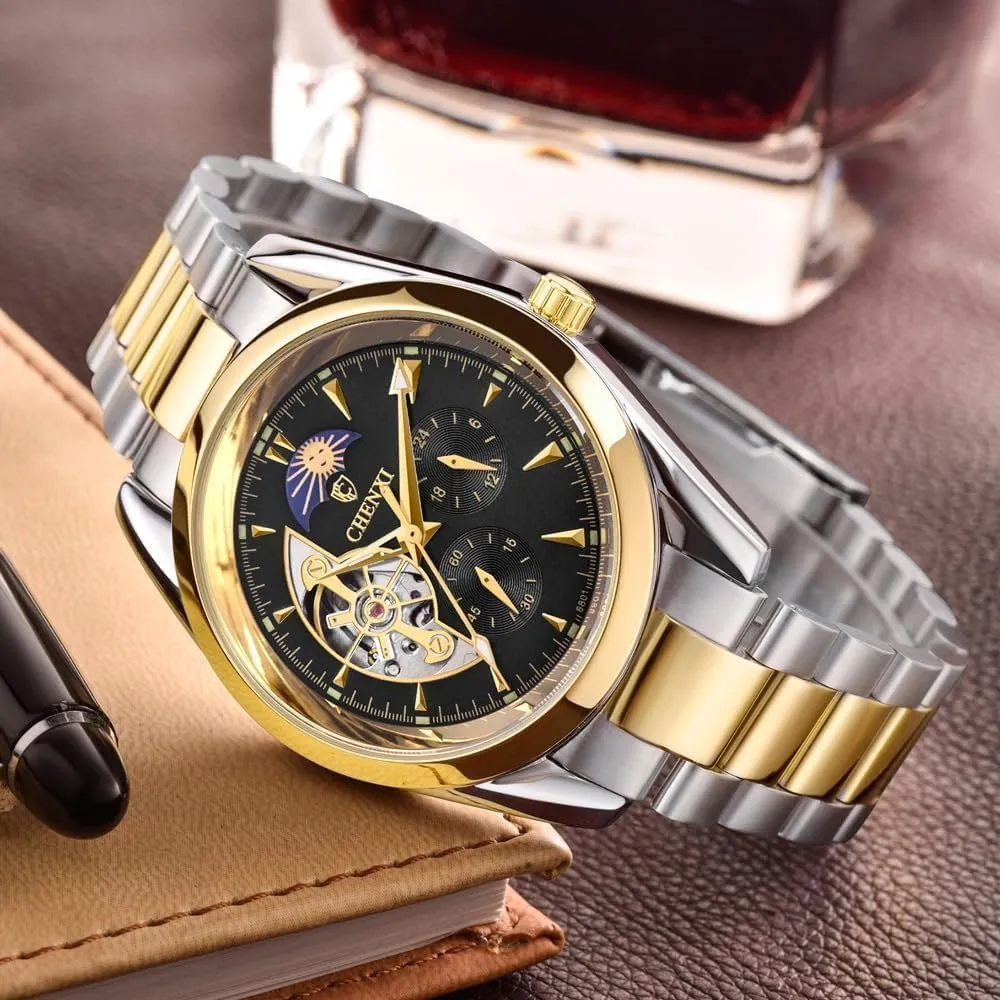 Skeleton Design Men's Automatic Mechanical Watches Luxury Steel Band Luminous Waterproof Top Mechanical Watch for Men