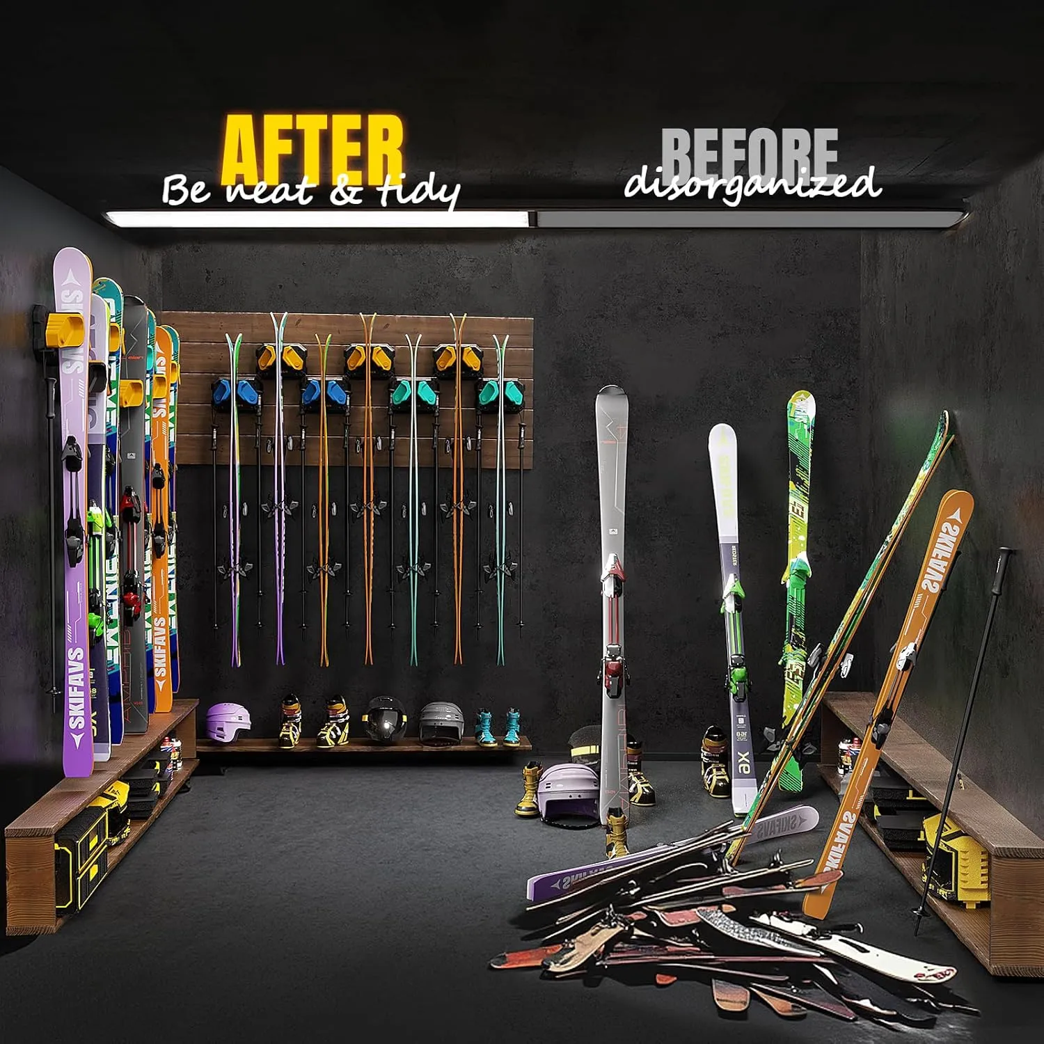 Ski & Snowboard Wall Rack for Garage - Fits Any Ski/board, Damage-Free Storage, Multi-color 4pck