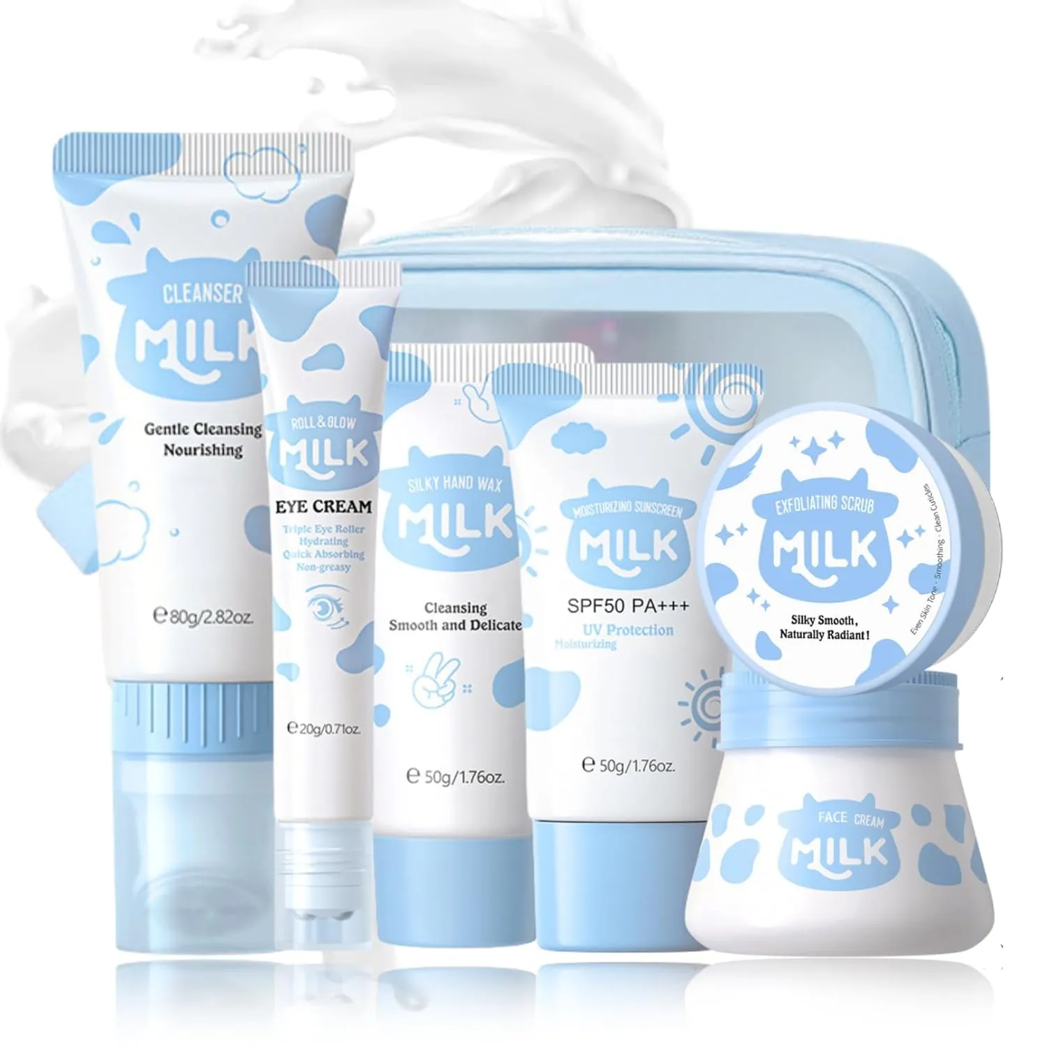 Skin Care Kit Milk Girls Gifts - Teen Skin Care Set - Skin Care Routine Kit for Women - with Hand Wax,Sunscreen,Face & Eye Cream,Exfoliating Scrub,Skin Care Bag - Mothers Day Gifts (7PCS, Milk)