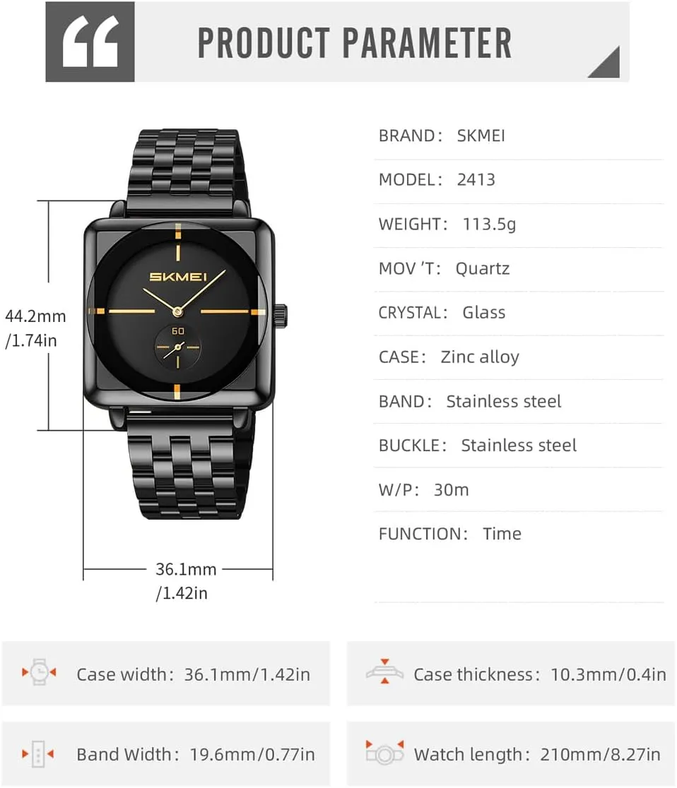 SKMEI Square Watches for Men Simple Business Stainless Dress Fashion Waterproof Analog Quartz Fathers Dad Gifts Gold Black Wrist Watch