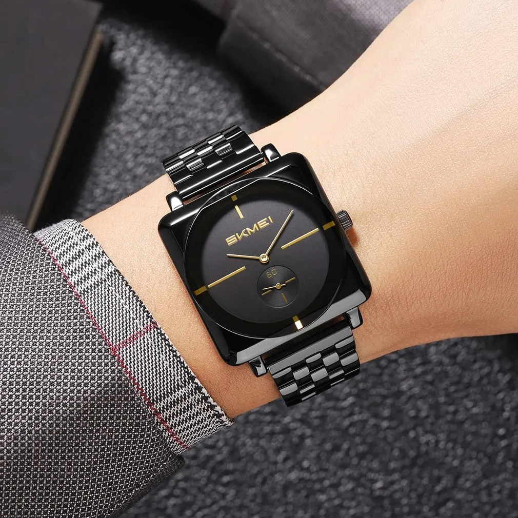 SKMEI Square Watches for Men Simple Business Stainless Dress Fashion Waterproof Analog Quartz Fathers Dad Gifts Gold Black Wrist Watch