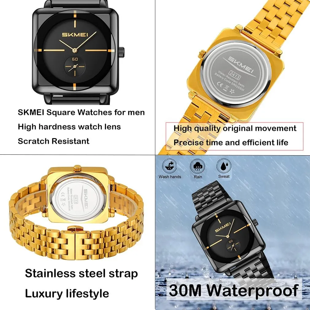 SKMEI Square Watches for Men Simple Business Stainless Dress Fashion Waterproof Analog Quartz Fathers Dad Gifts Gold Black Wrist Watch