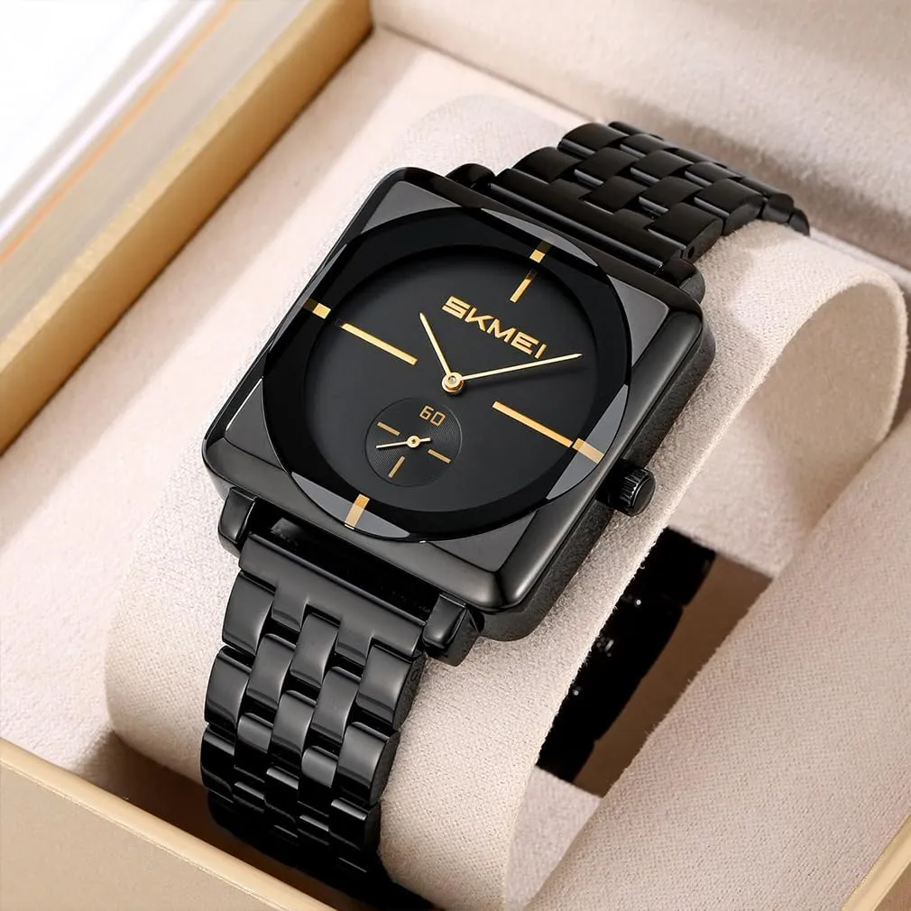 SKMEI Square Watches for Men Simple Business Stainless Dress Fashion Waterproof Analog Quartz Fathers Dad Gifts Gold Black Wrist Watch