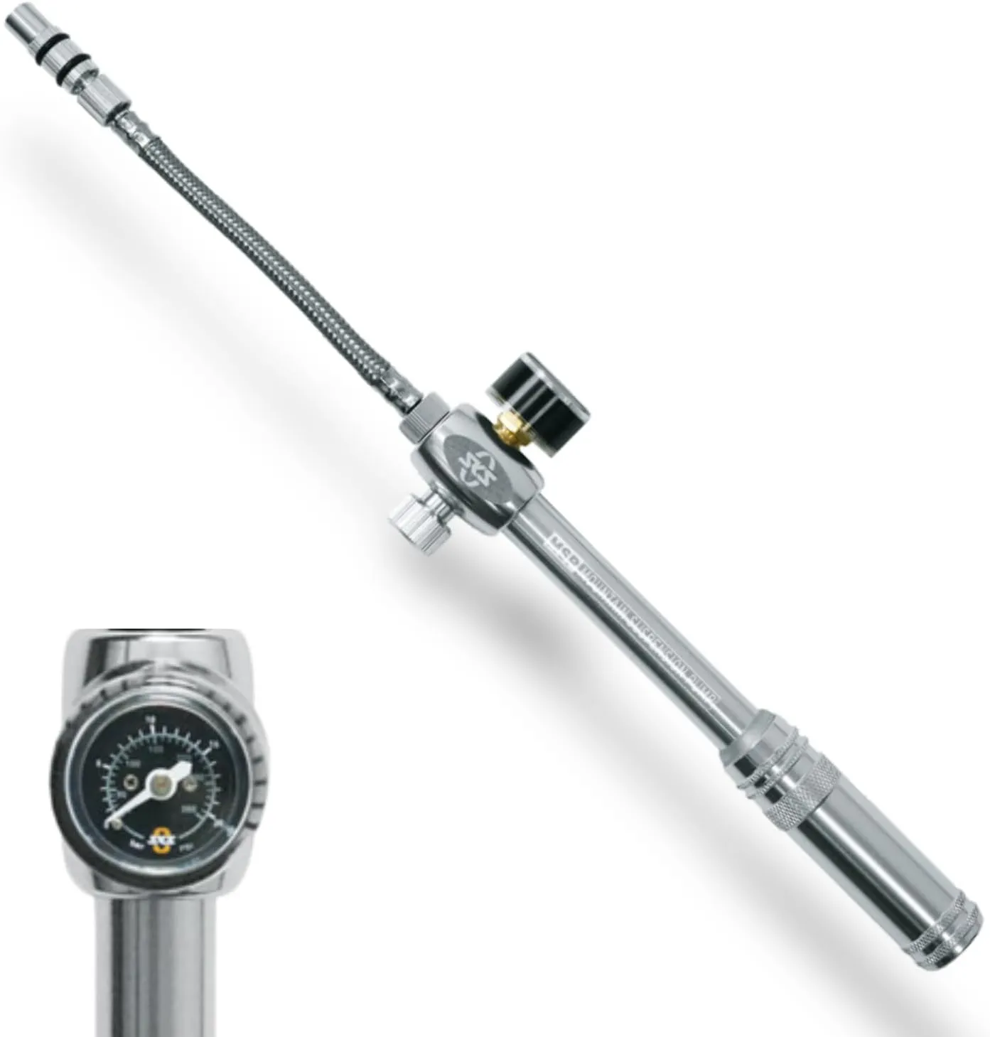 SKS GERMANY MSP Dämpferpumpe (Mountain Suspension Pump), Luftpumpe Fahrrad (Fahrradpumpe mit abschraubbarem Stahlflexschlauch, Druck max.: 20 bar / 290 PSI, Ventilanschluss: AV), Silber, 10 x 3 x 3 cm