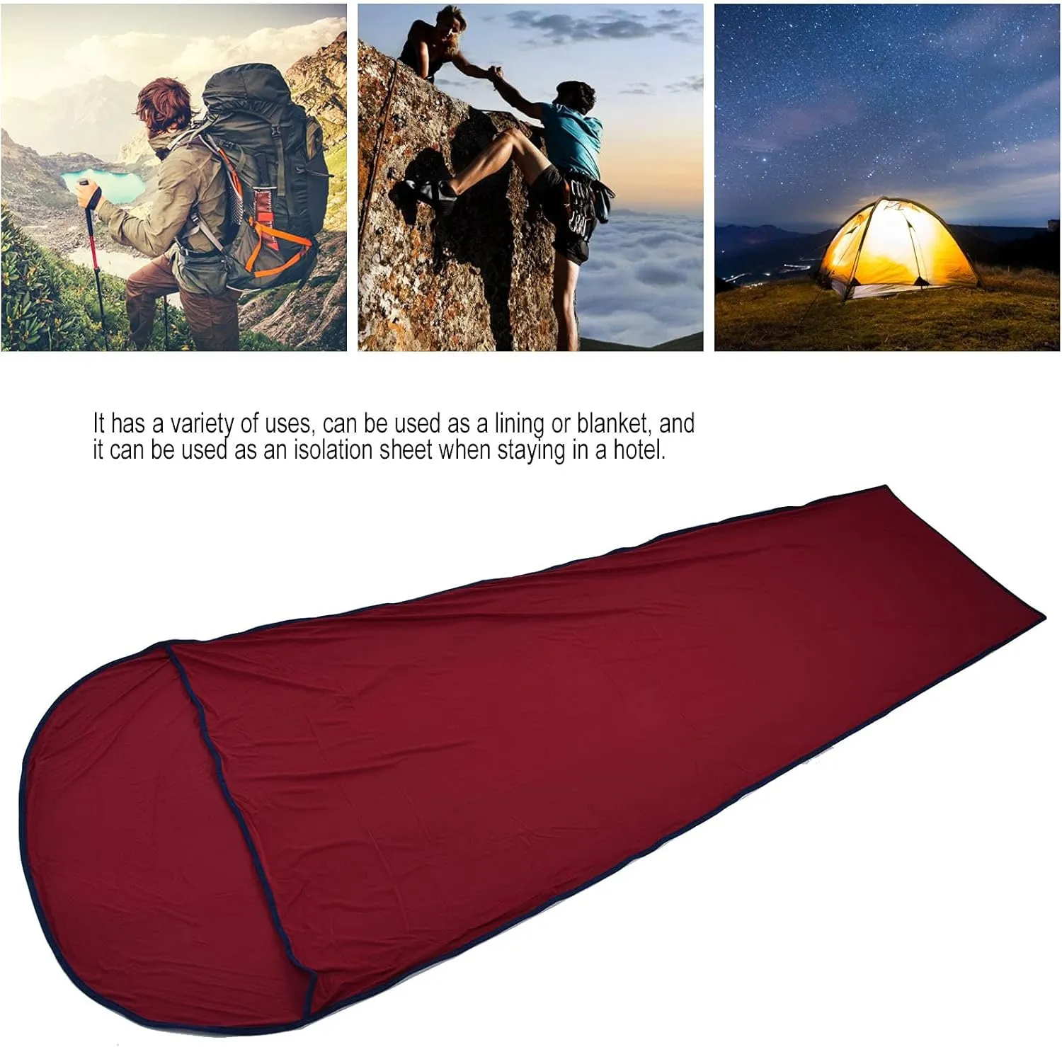 Sleeping Bag Liner, 200x80cm Ultralight Multifunctional Elastic Sleeping Sack Lightweight Breathable Cotton Liner for Picnic Hiking Outdoor Camping(Dark Red)