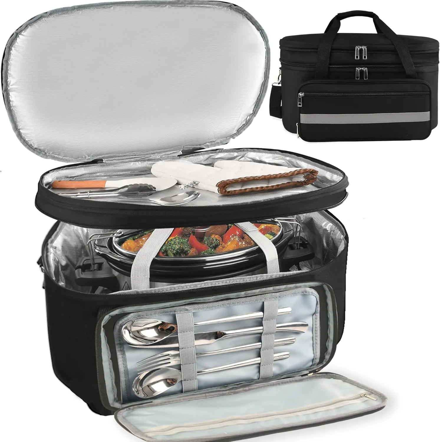 Slow Cooker Bag, Double Layers Crockpot Carrying Bag, Insulated Travel Carrier for Most 6-8 Quart Oval, Compatible with Crock-Pot and Hamilton (Black)
