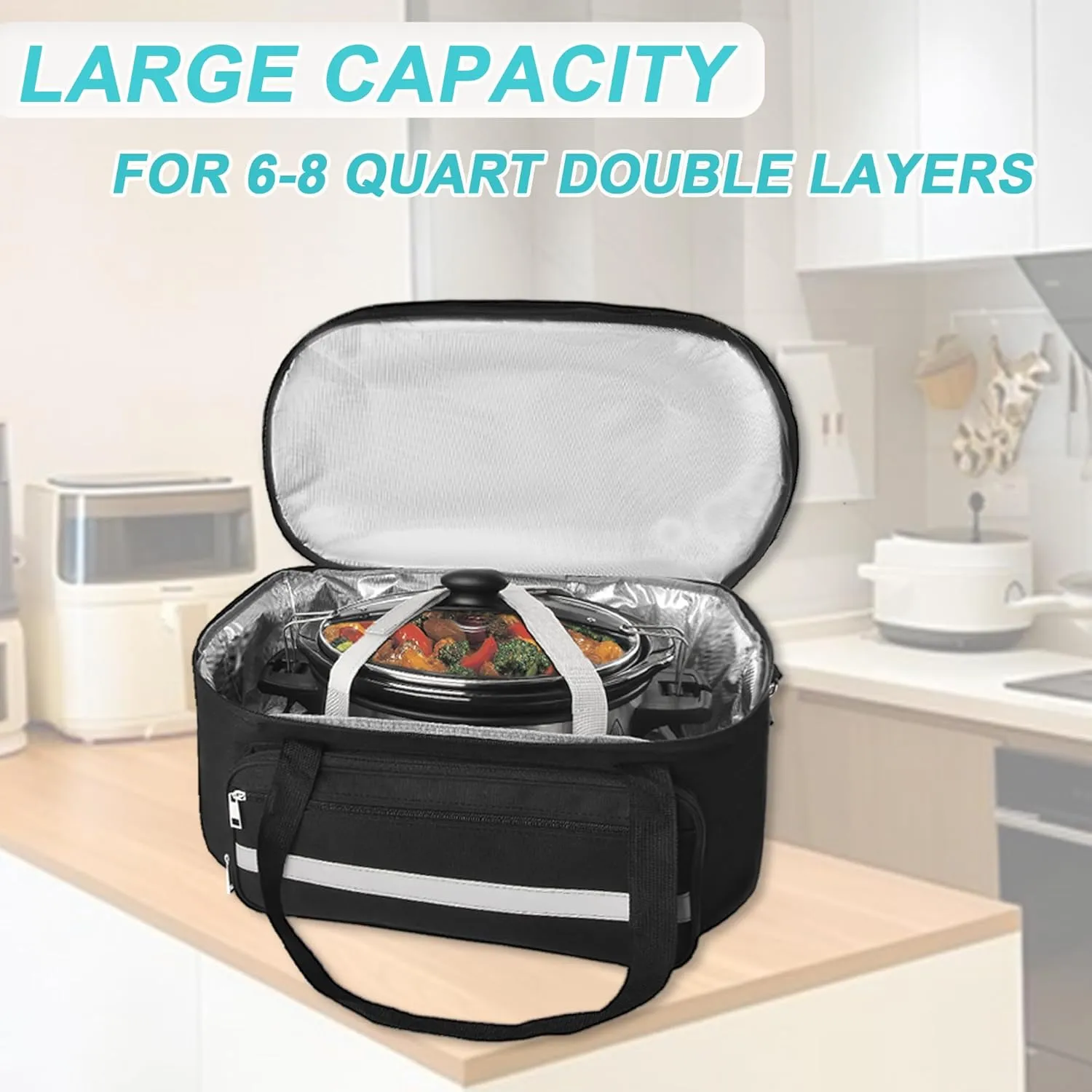 Slow Cooker Bag, Double Layers Crockpot Carrying Bag, Insulated Travel Carrier for Most 6-8 Quart Oval, Compatible with Crock-Pot and Hamilton (Black)