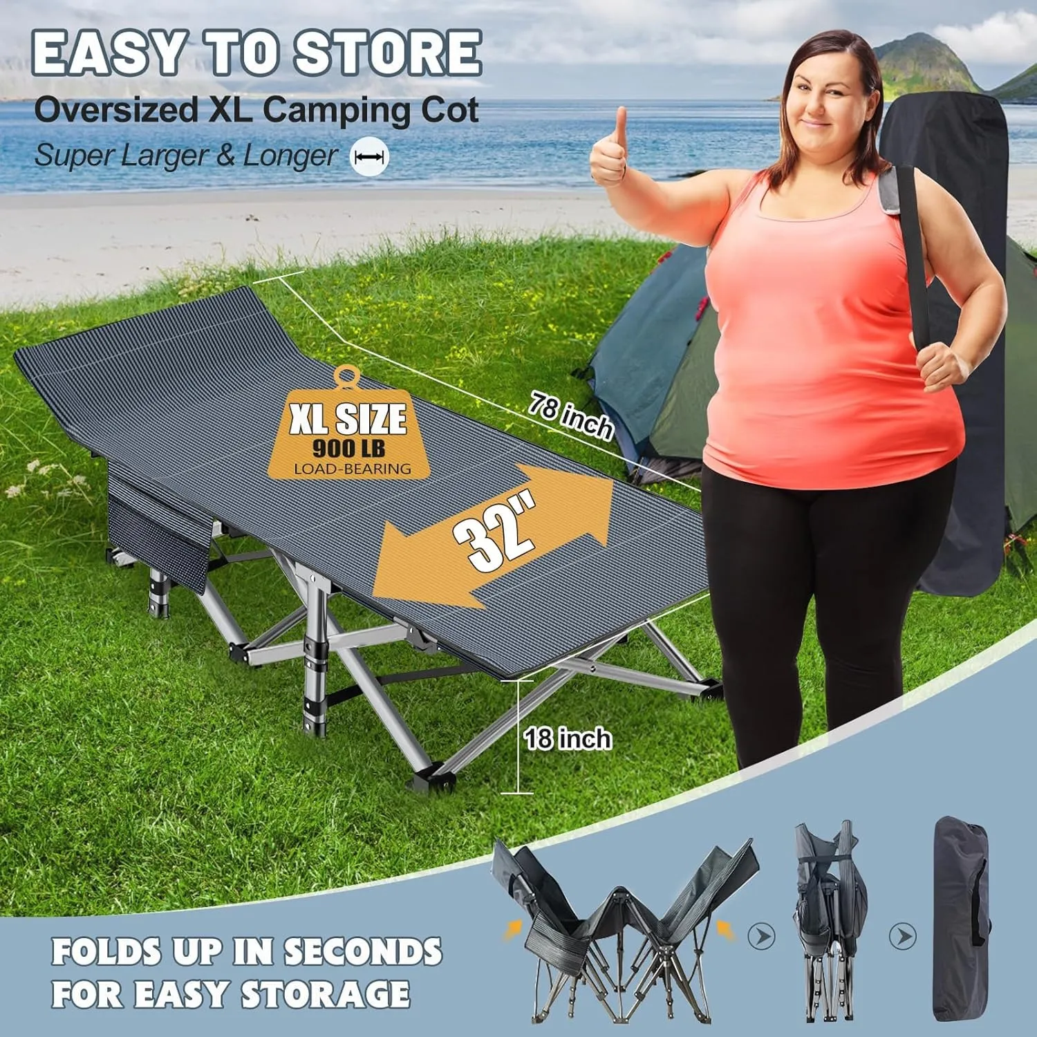 Slsy Oversized XXL Camping Cot for Adults with Mattress, Portable Sleeping Cots, Camp Bed with Carry Bag for Outdoor Travel, Beach, Hiking