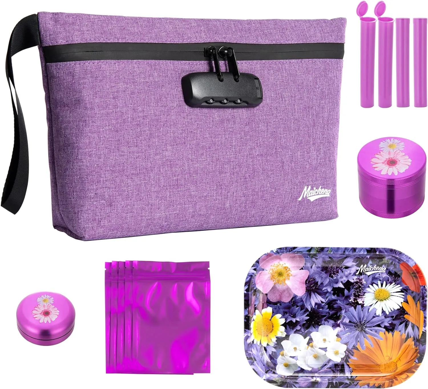 Smell Proof Bag with Combination Lock, Carbon Lined Odor Proof Pouch, Large Smell Proof Containers, Travel Medicine Lock Bag Gifts for Women, 6 in1 Kit, Purple