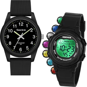SOCICO Kids Watches for Boys & Girls – Digital 7 Color Lights, Stopwatch, Alarm & Analog Easy Time Learning – 50M Waterproof, Soft Durable Bands, Great Gift for Ages 4-12