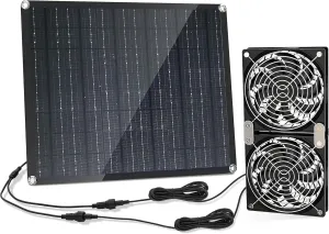 Solar Panel Fan kit, 30W Solar Powered Fan with Dual IPX7 Waterproof Fans for Outside Chicken Coops, Greenhouses, Sheds, Intake or Exhaust Air Fan
