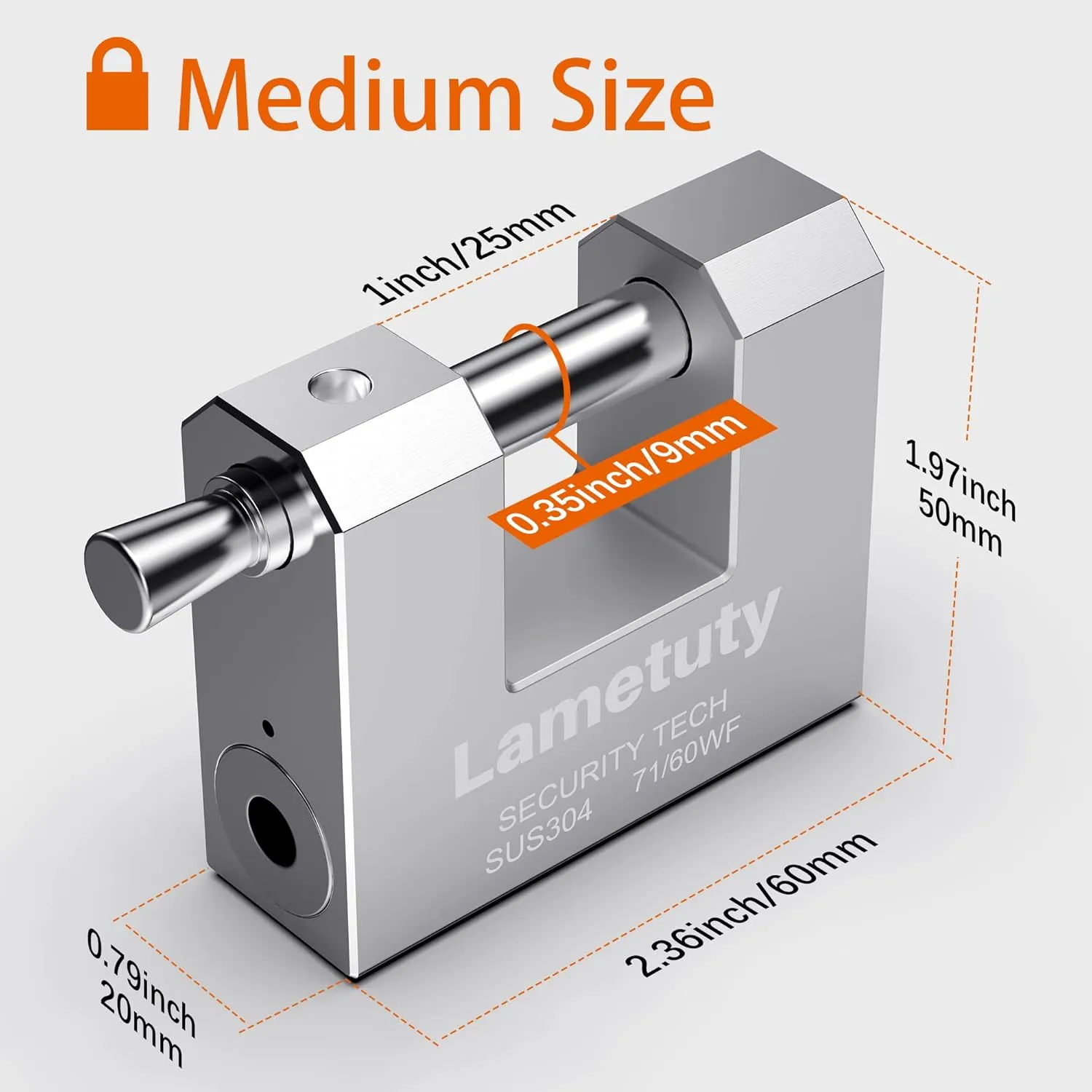 Solid Stainless Steel Keyed Padlock for Outdoor Use, 60mm Width Heavy Duty Weatherproof Security Padlock for Door, Gate, Garden, Garages, Warehouse, Tool Box (60mm - 3 Keys)